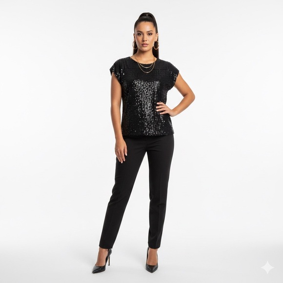 Cable & Gauge Tops - Cable & Gauge Sequined Cap Sleeve Glam Indie Festive Top SMALL Jet Black